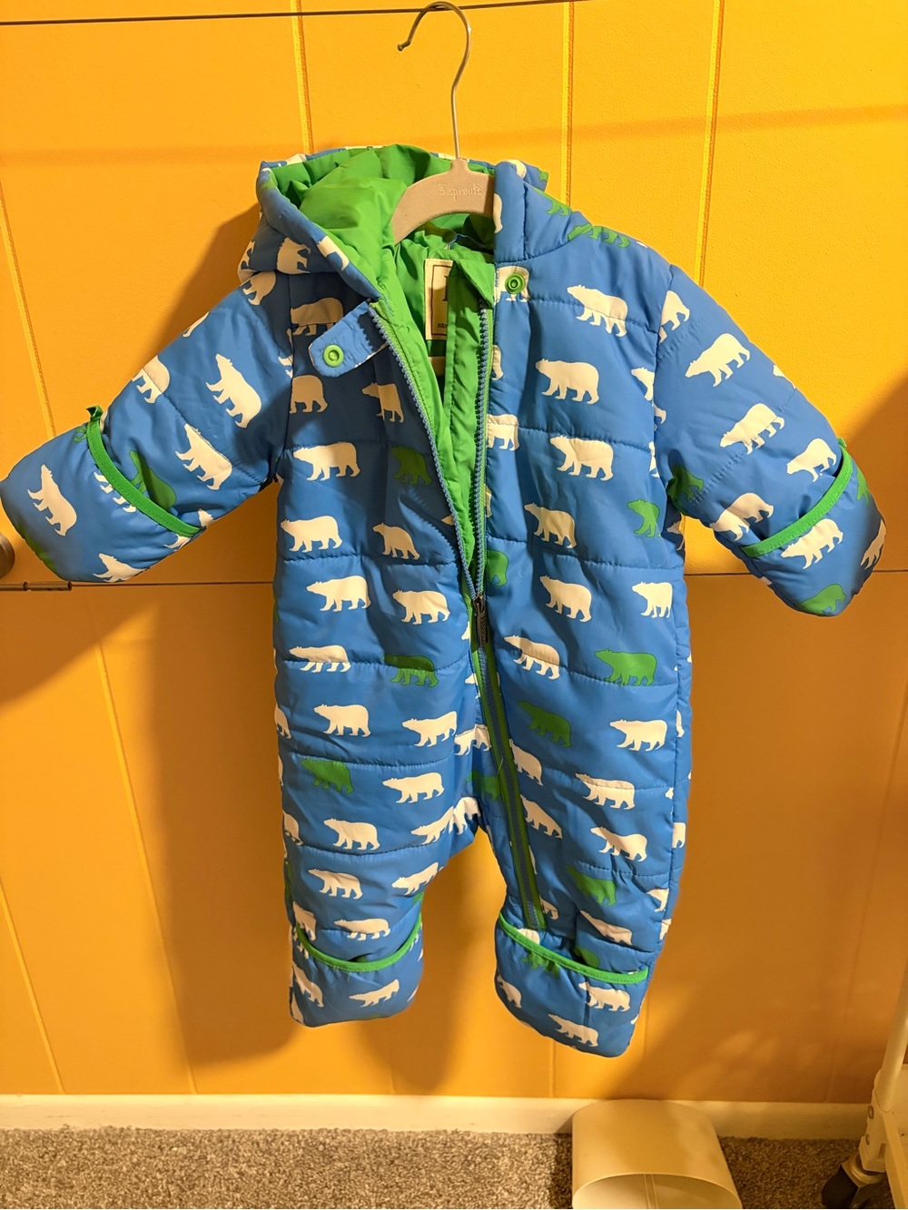 Hatley Blue Toddler Puffer Snowsuit with White & Green Bear Print